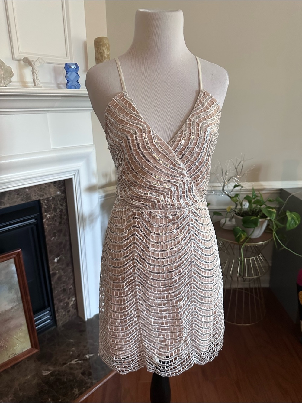 Sleeveless ivory/silver/nude embroidered sequined crossed V-Neck Dress